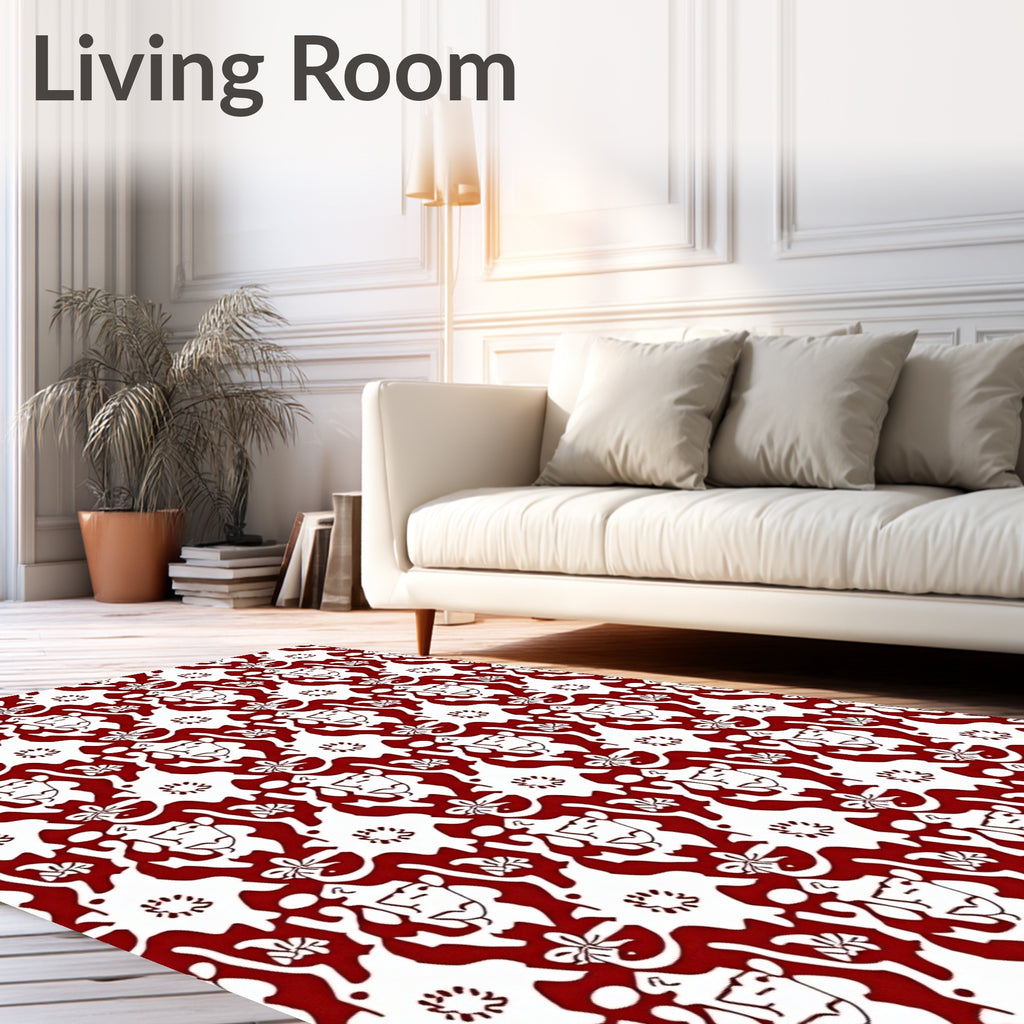Crimson White Stylized Faces Floral Rug