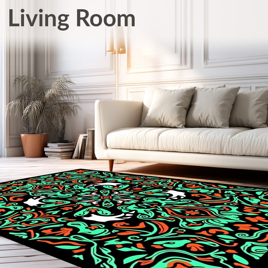 Vibrant Black Teal Orange Nature Scroll Rug