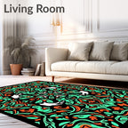 Vibrant Black Teal Orange Nature Scroll Rug
