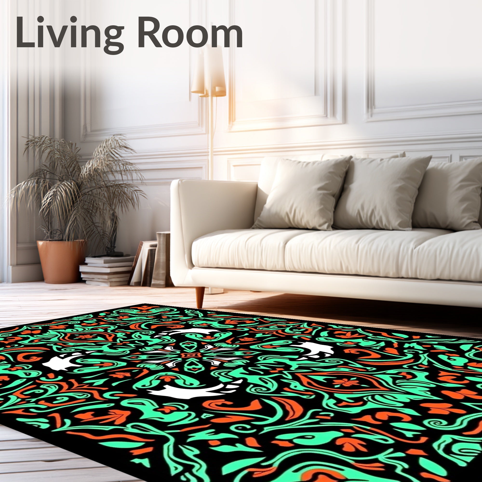 Vibrant Black Teal Orange Nature Scroll Rug