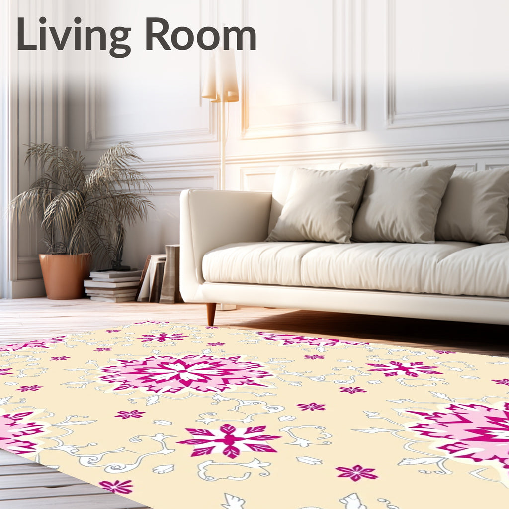 Crimson Pink Floral Medallion Cream Rug