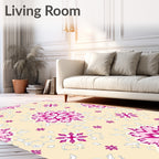 Crimson Pink Floral Medallion Cream Rug