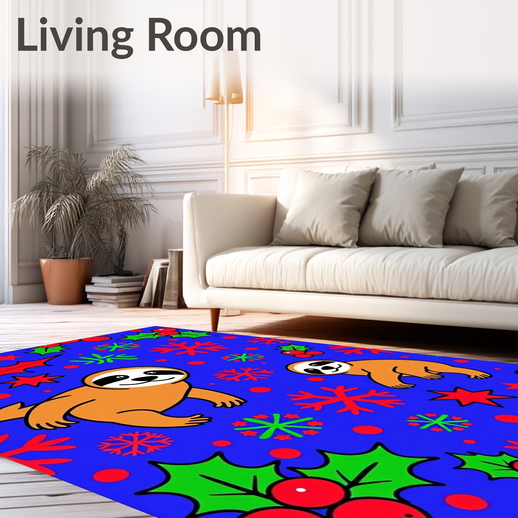 Orange Sloth Blue Holly Snowflakes Rug