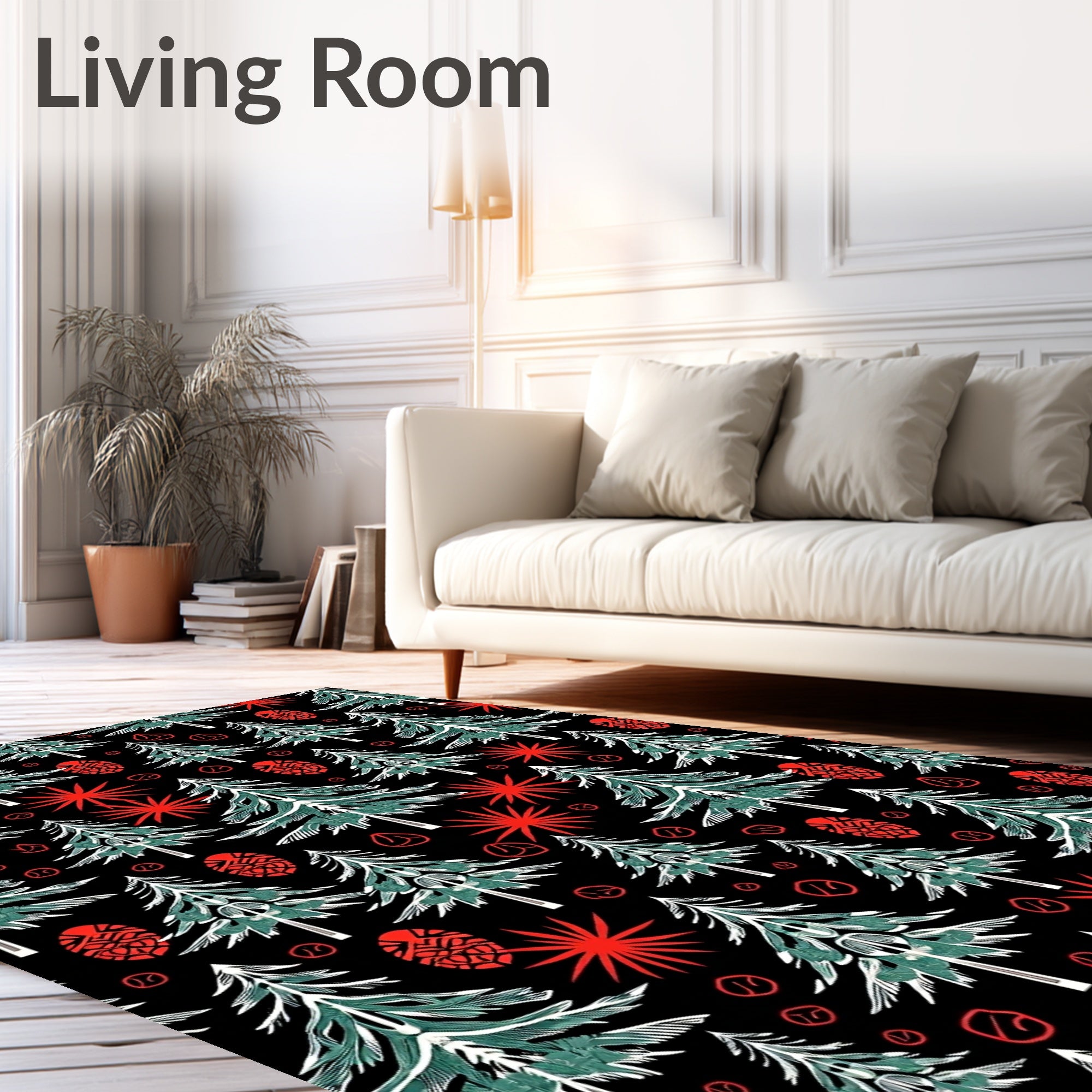 Green Pine Forest Red Starbursts Rug