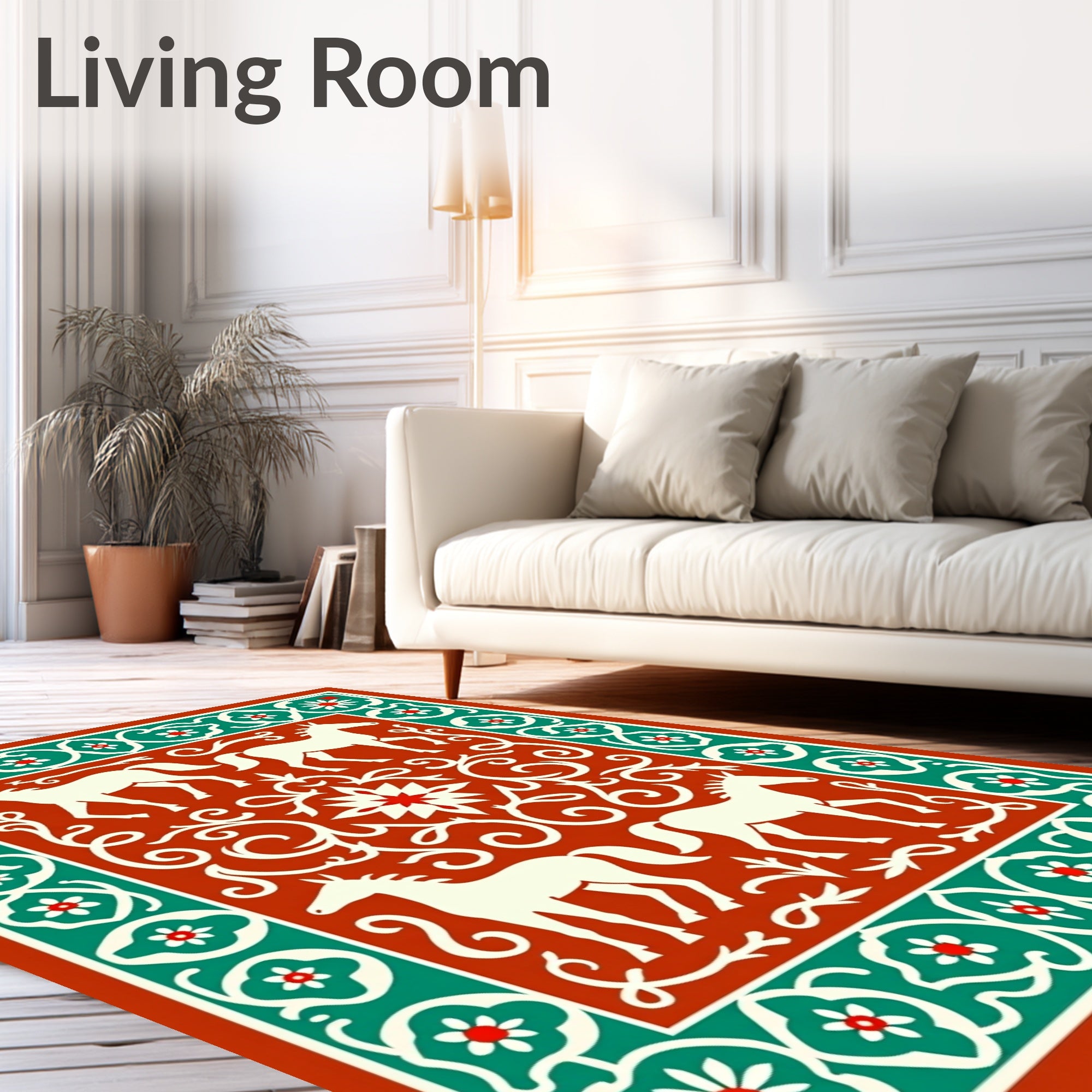 Earthy Orange Horse Floral Border Rug