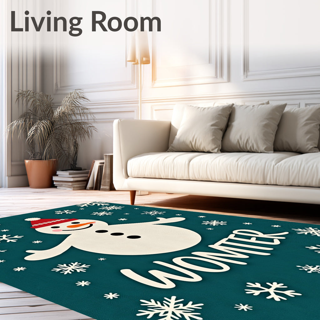 Whimsical Snowman Christmas Teal Snowflake Rug