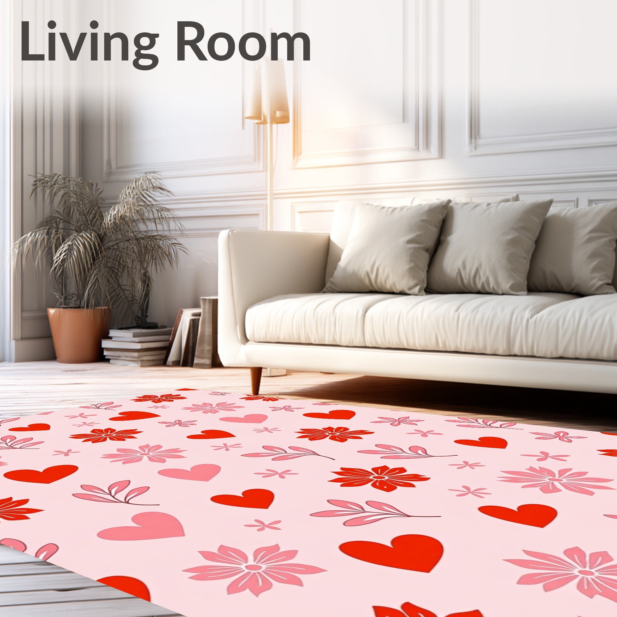 Whimsical Red Pink Hearts Floral Rug