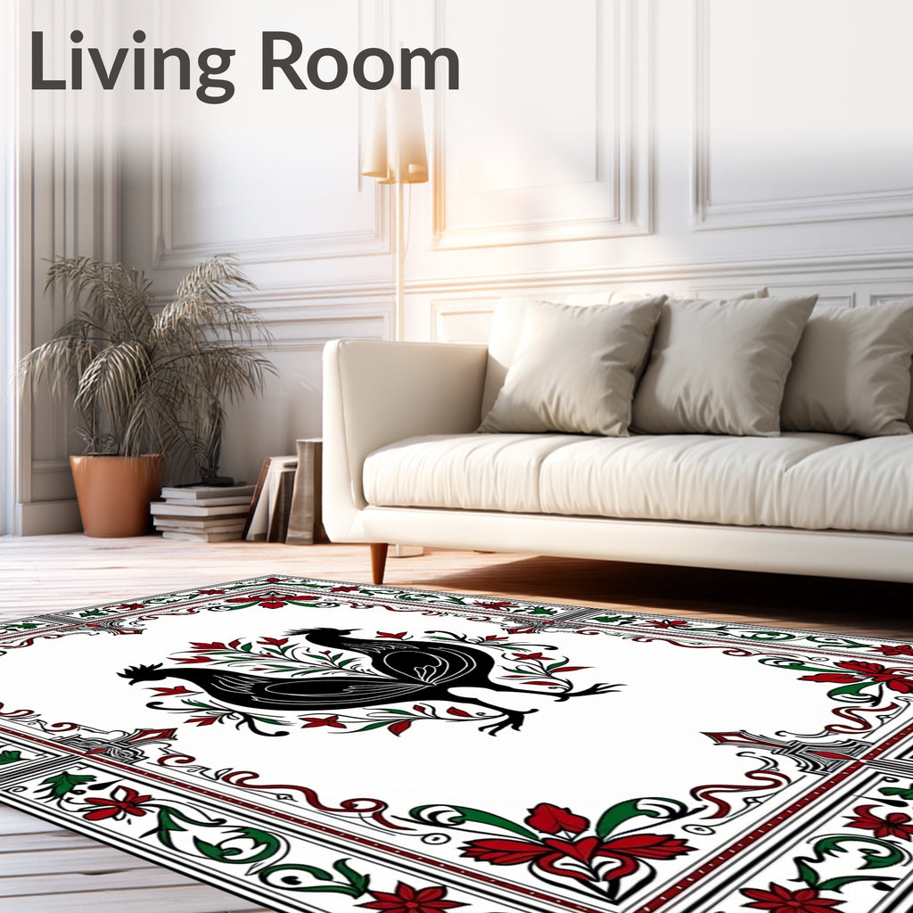 Black Roosters Red Green Floral Border Rug