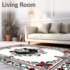 Black Roosters Red Green Floral Border Rug