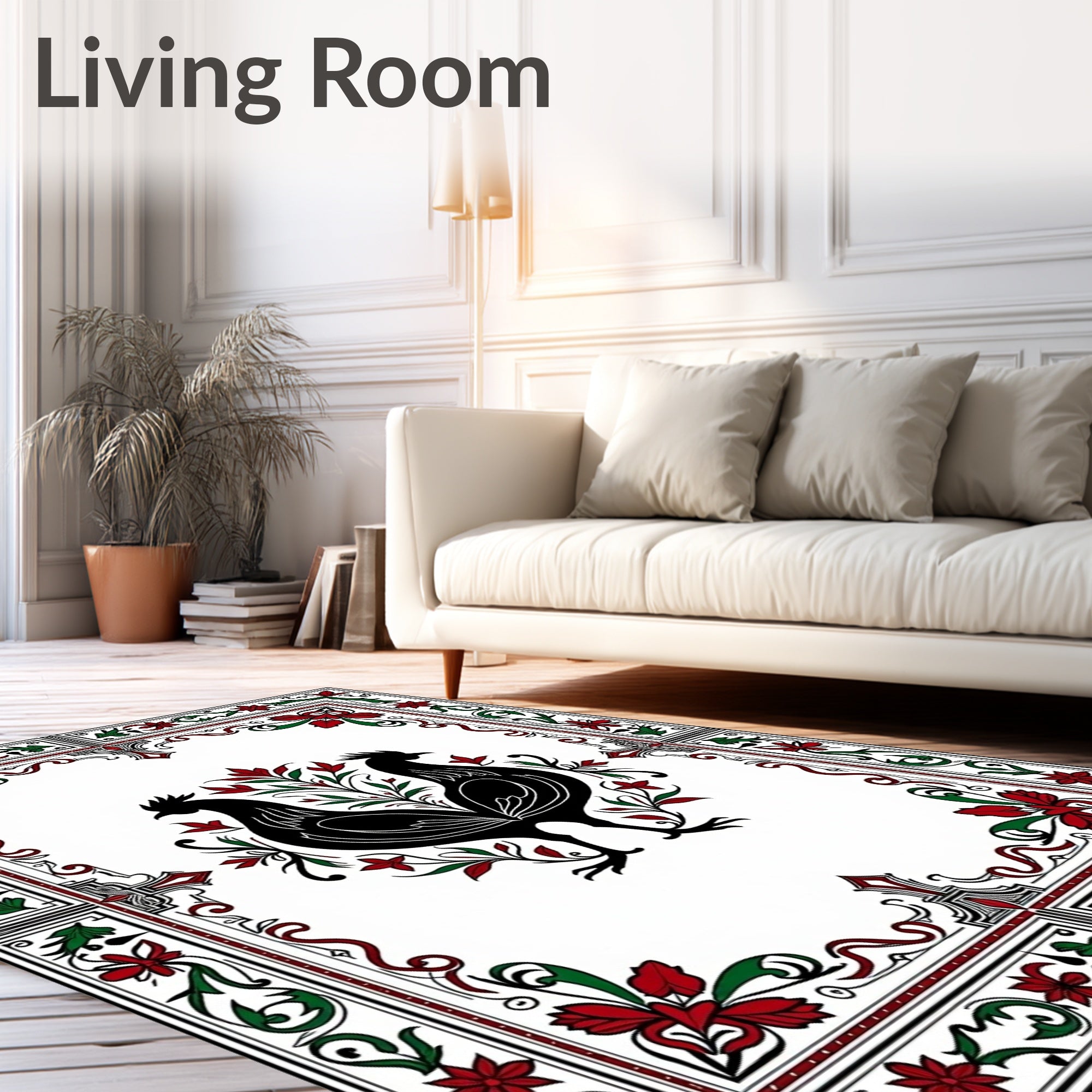 Black Roosters Red Green Floral Border Rug
