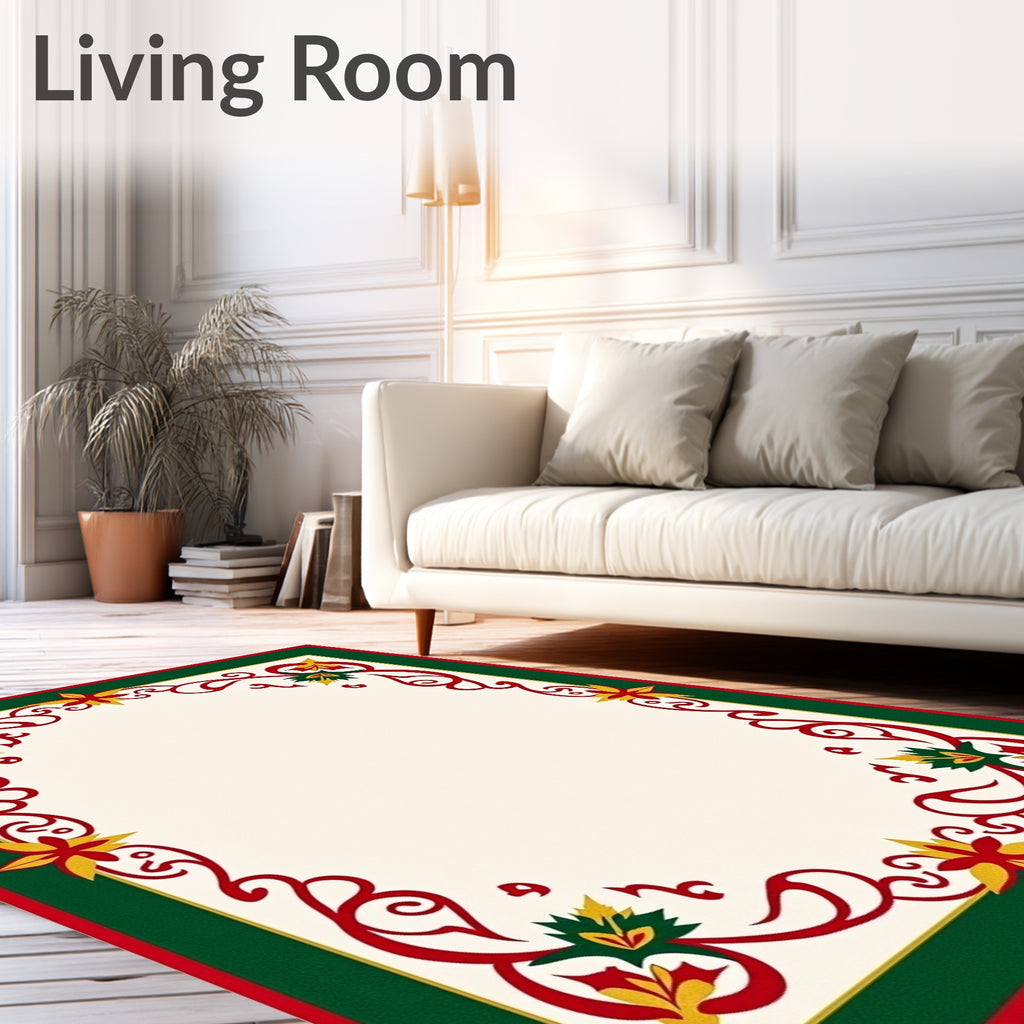 Festive Red Green Gold Floral Garland Rug