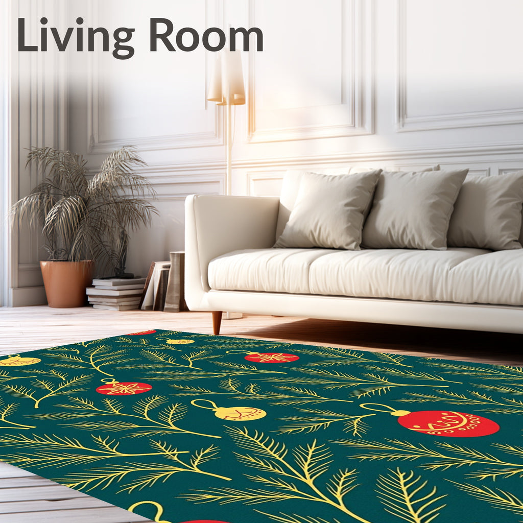 Teal Pine Sprigs Red Ornaments Rug
