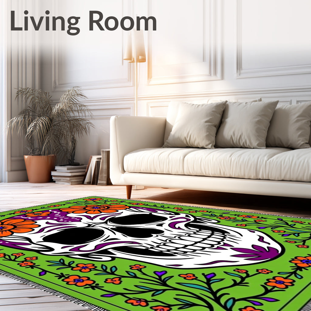 Vibrant Green Skull Floral Embrace Rug