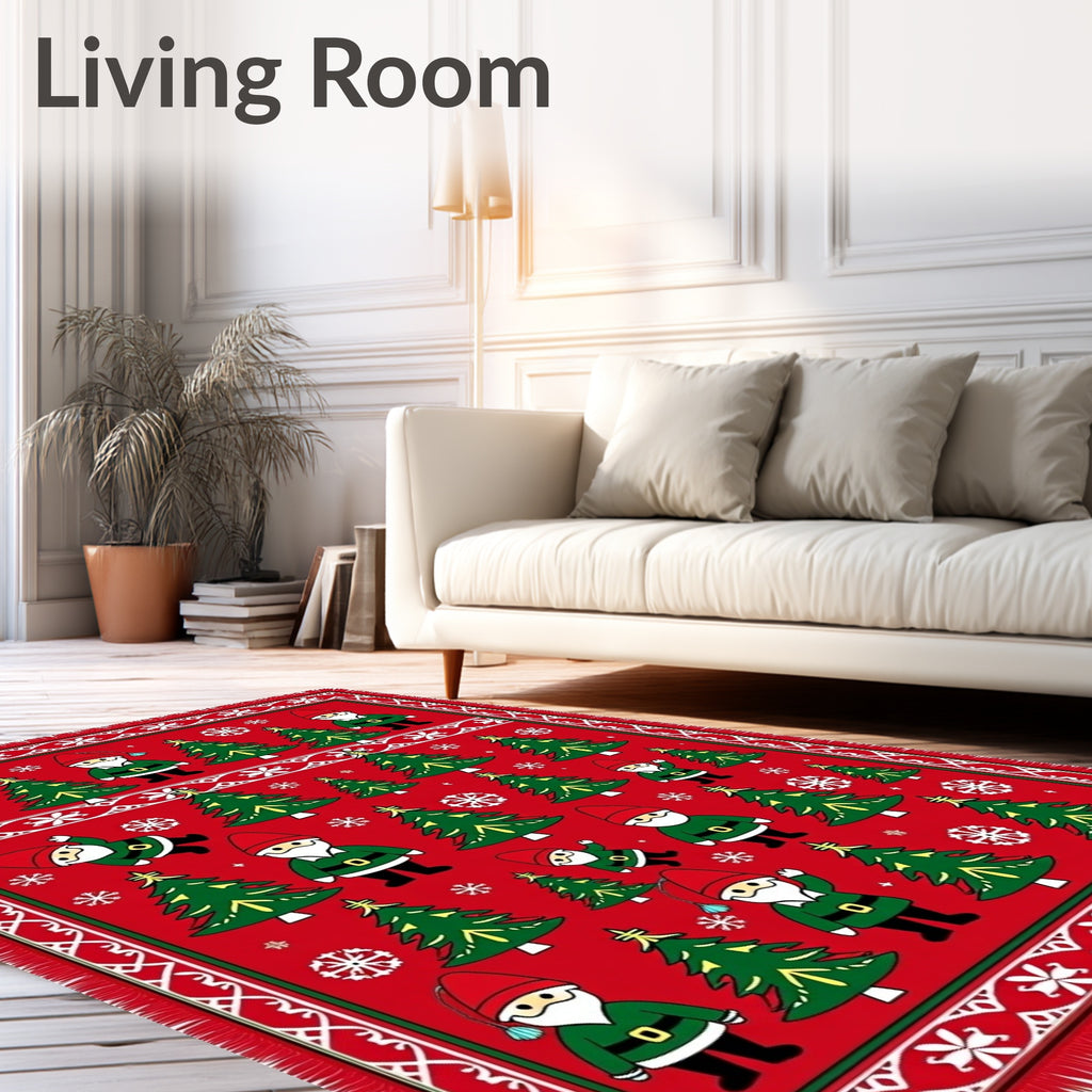 Festive Red Christmas Gnomes Trees Rug