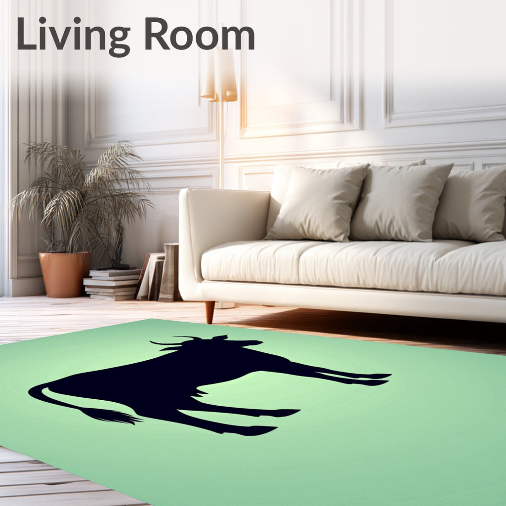 Black Cow Silhouette On Green Background Rug