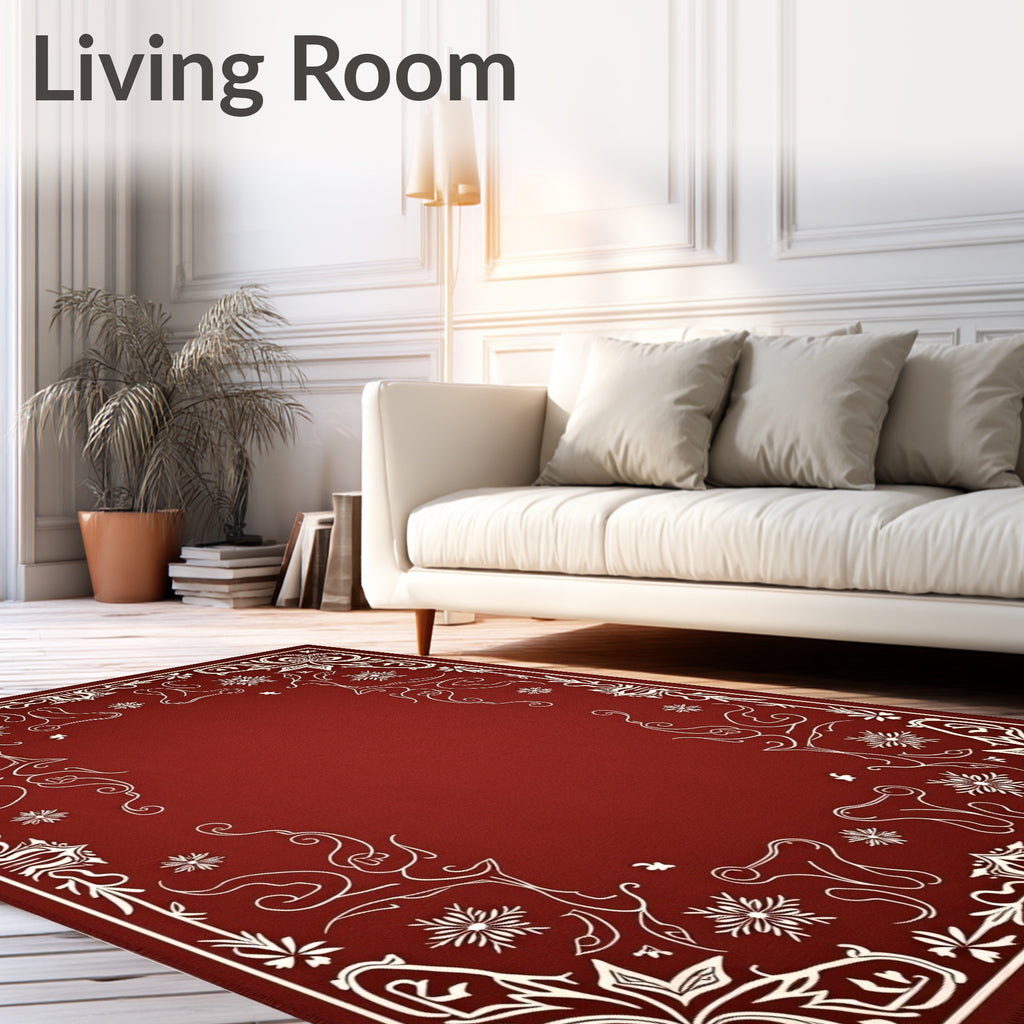 Crimson White Floral Scroll Border Rug