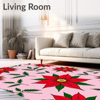 Red Poinsettias Green Foliage Pink Background Rug