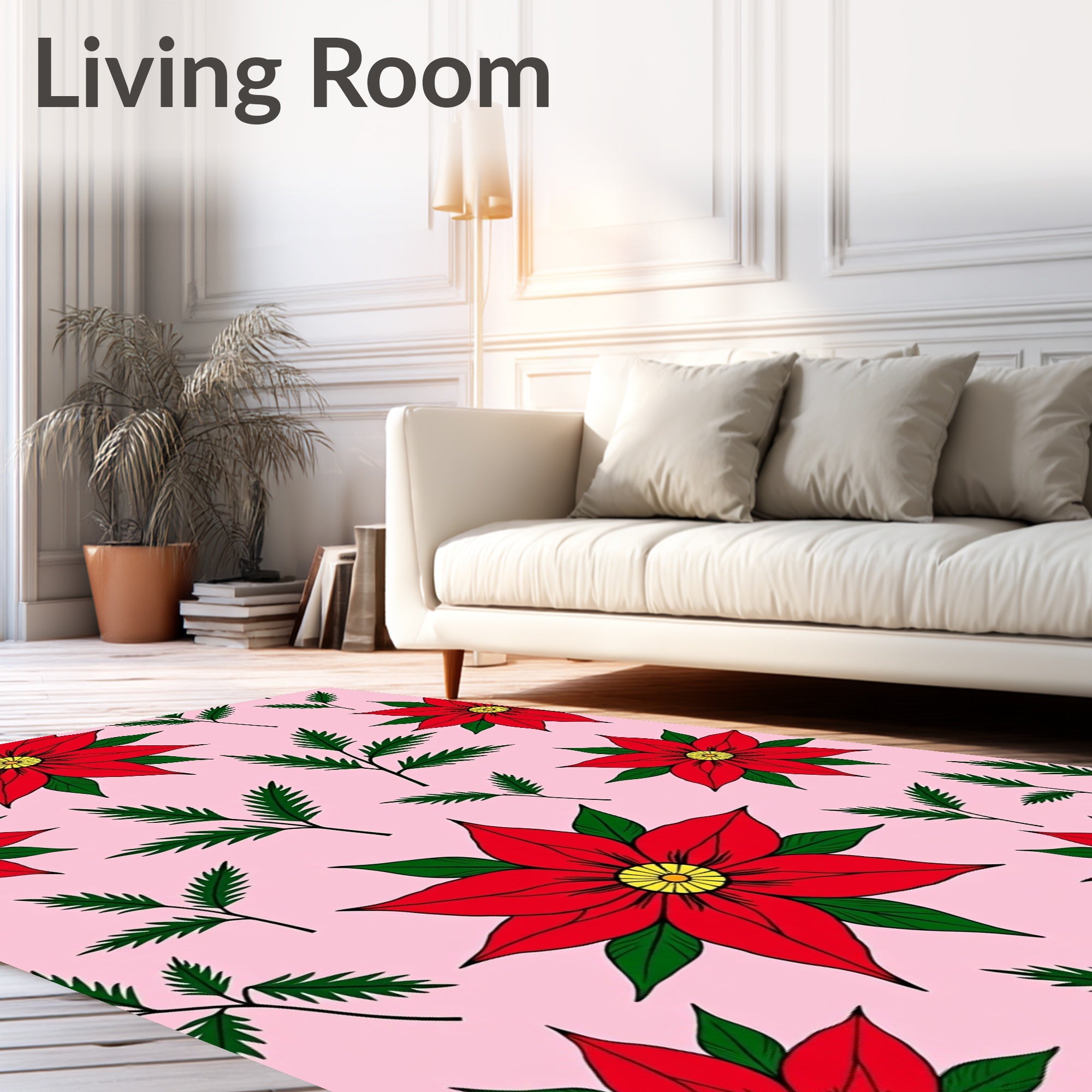 Red Poinsettias Green Foliage Pink Background Rug