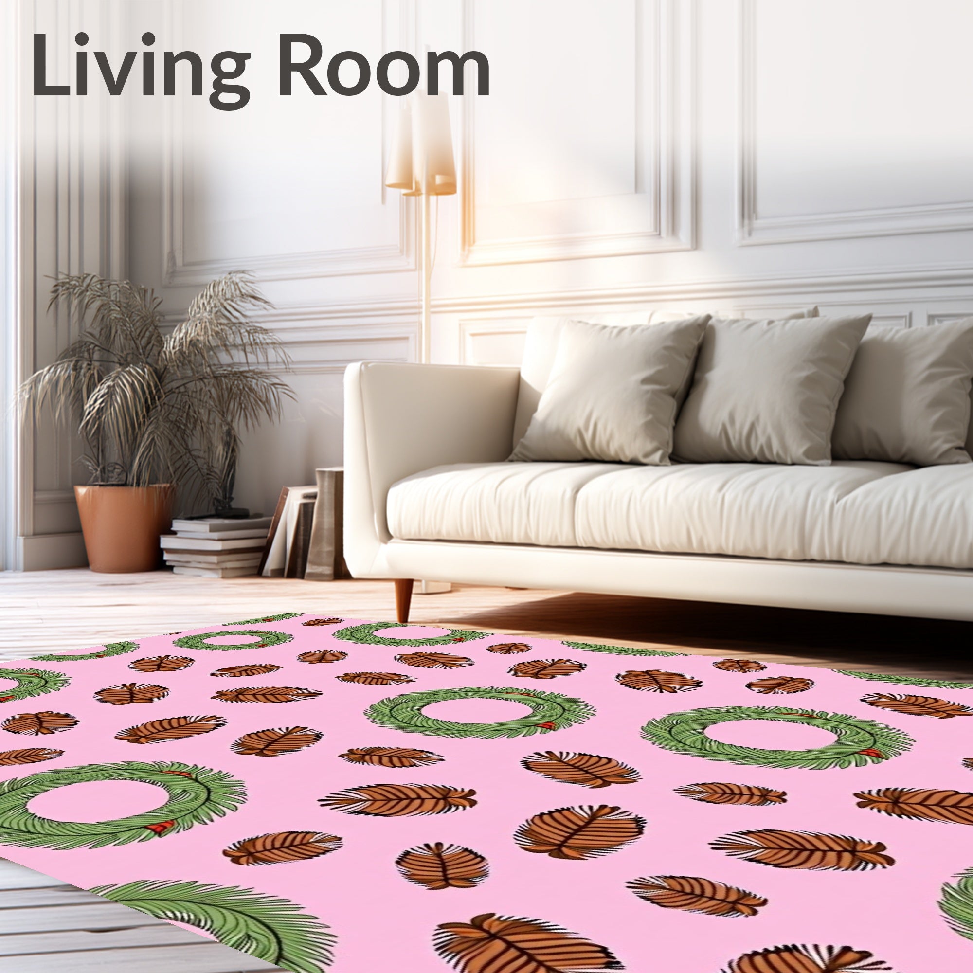 Festive Wreath Pinecone Pink Background Rug