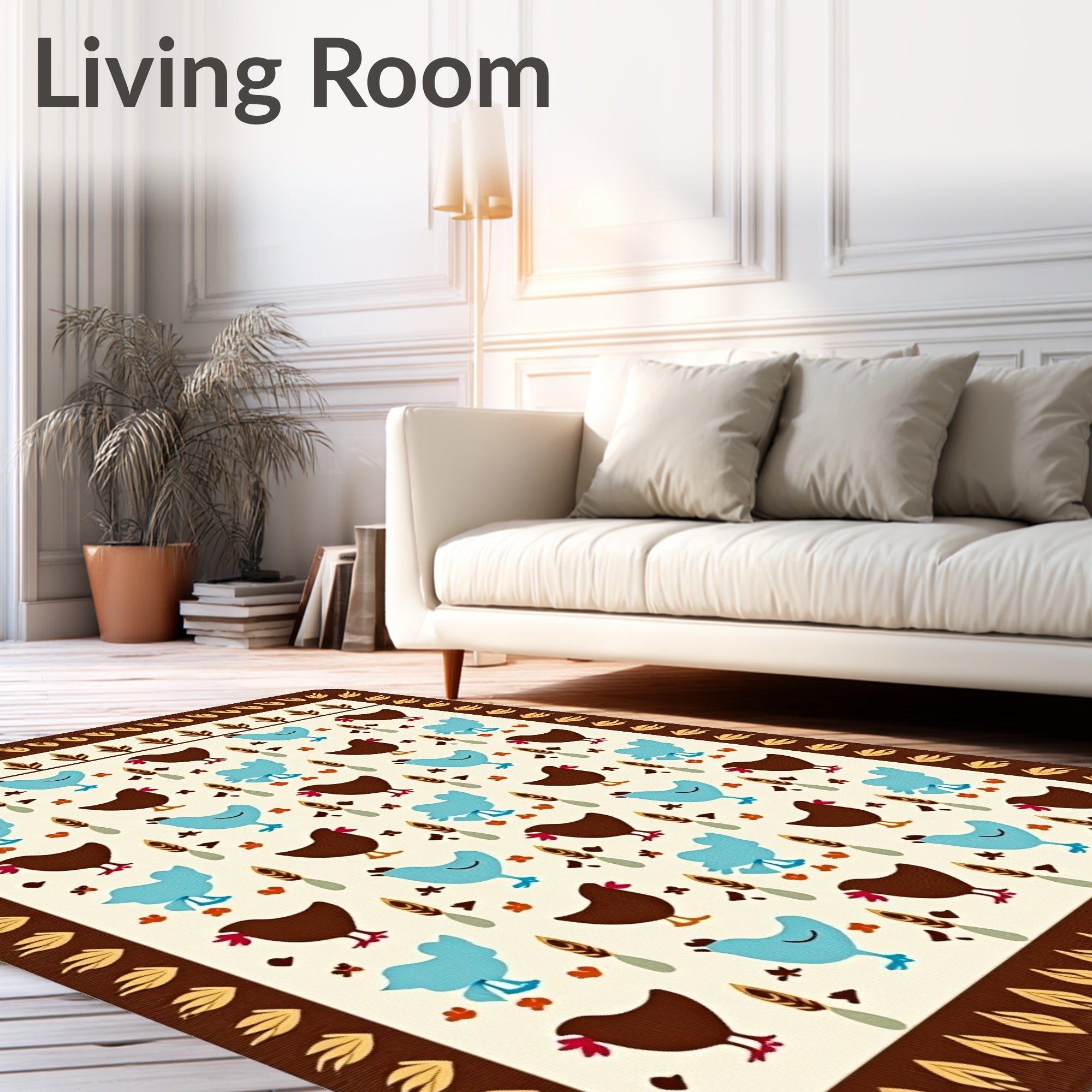 Brown Blue Chicken Folk Art Rug