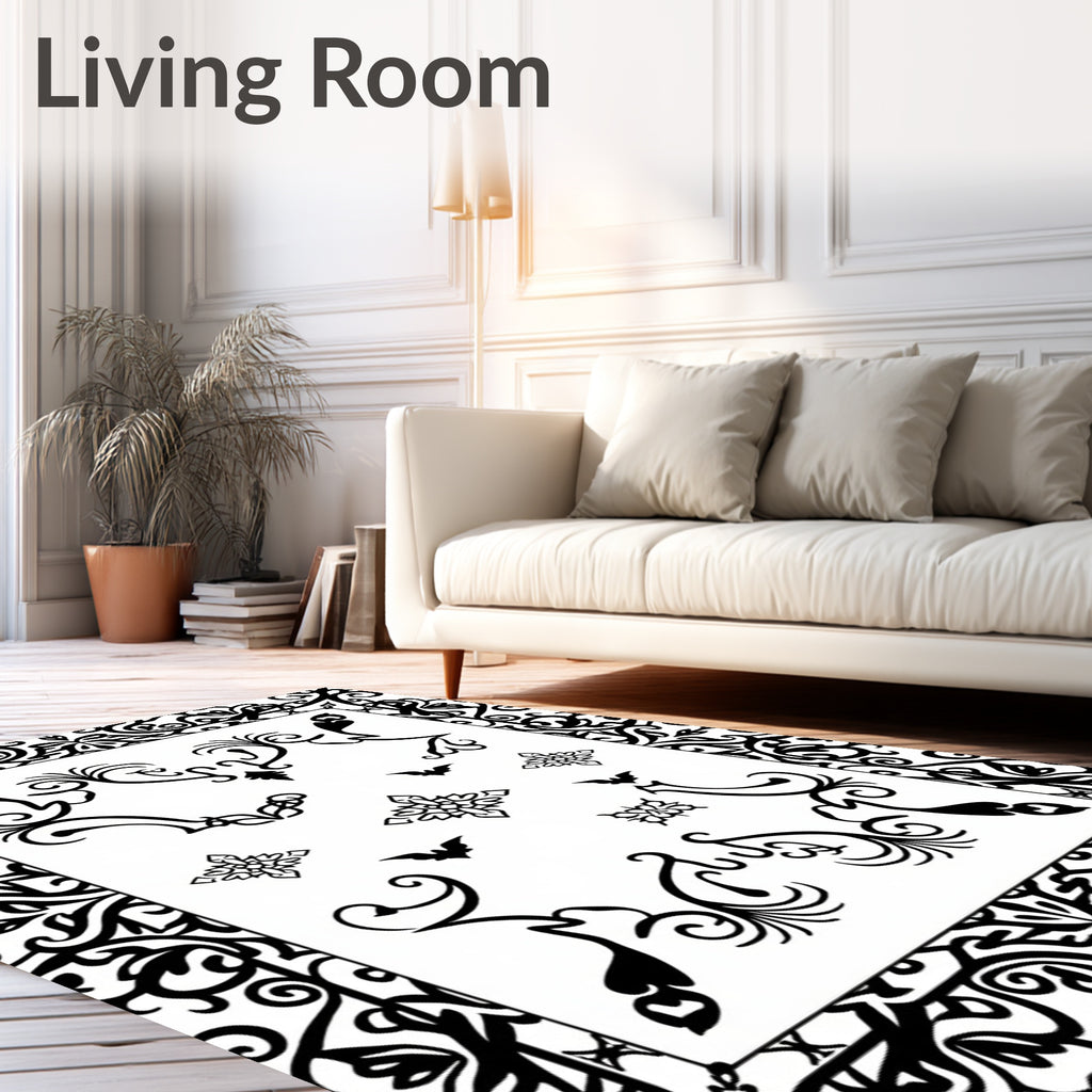 Gothic Black Ornamental Scroll Bat Rug