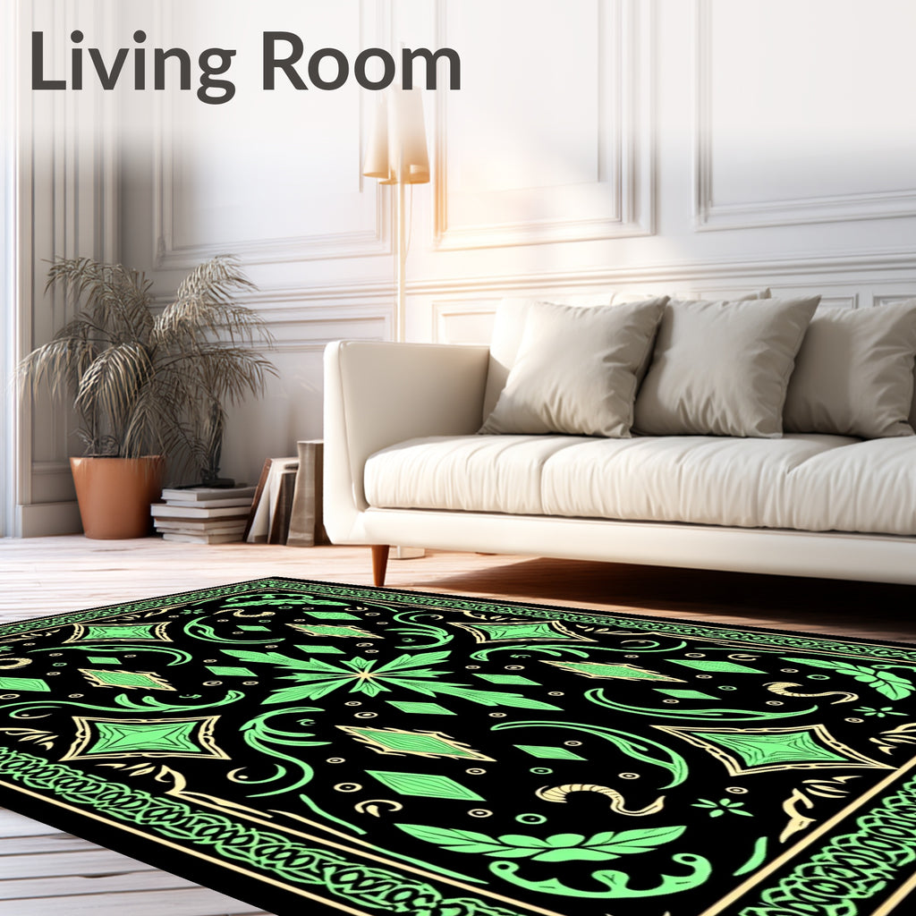 Green Black Elaborate Diamond Floral Border Rug