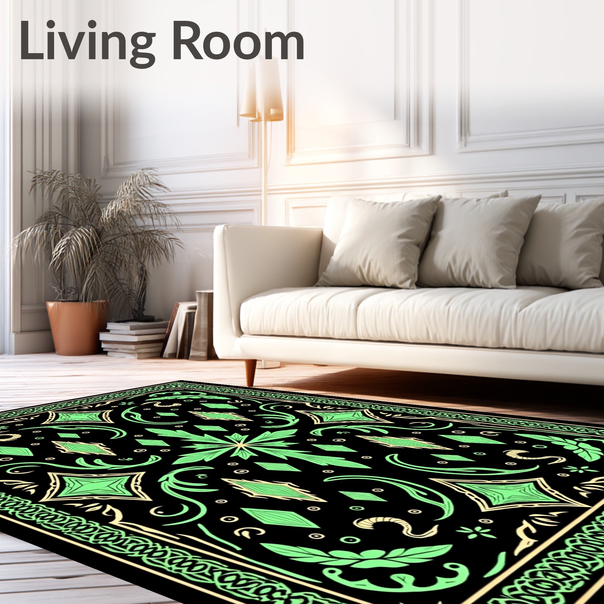 Green Black Elaborate Diamond Floral Border Rug