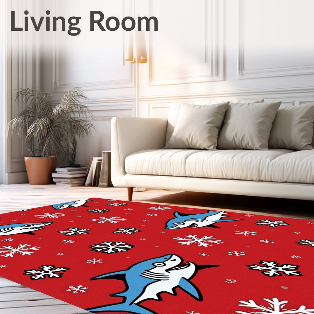 Whimsical Blue Sharks Snowflakes Red Rug