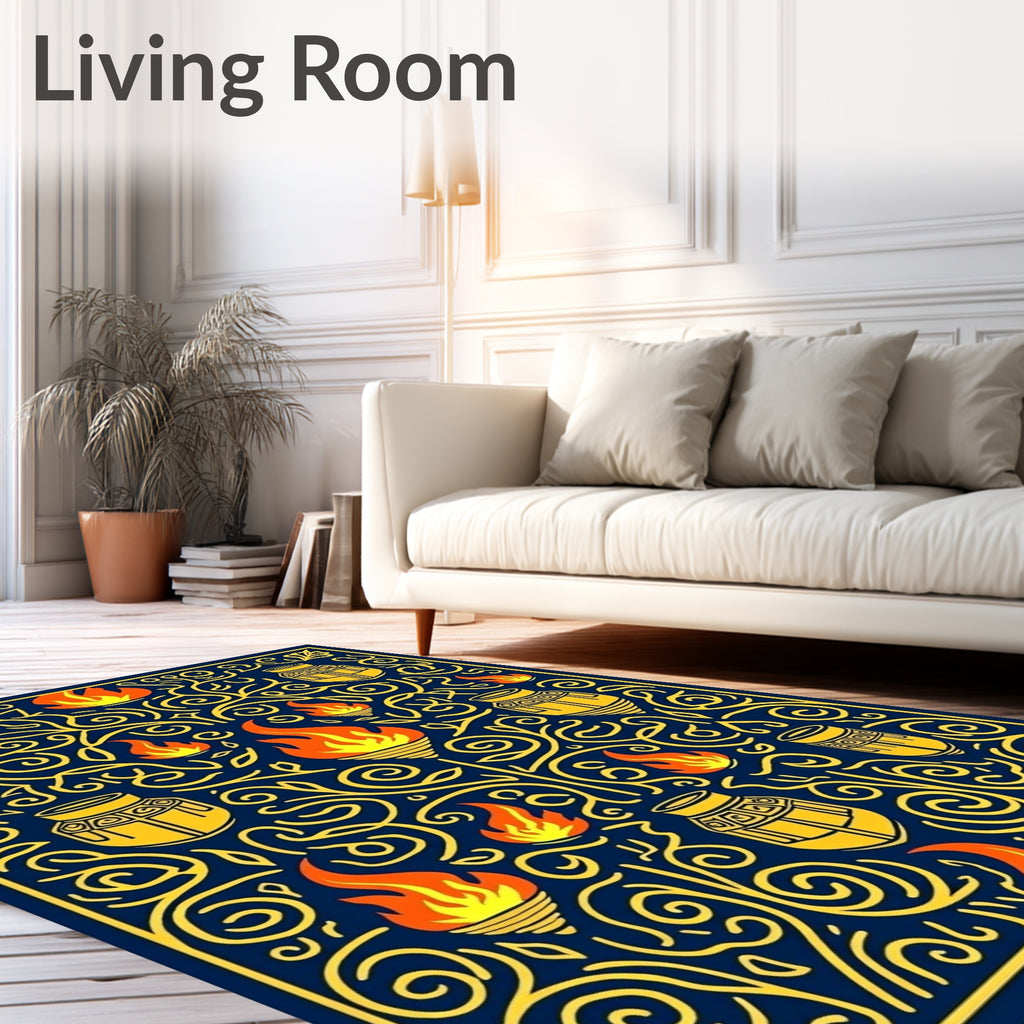 Deep Blue Yellow Flame Vase Swirl Rug