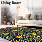 Deep Blue Yellow Flame Vase Swirl Rug