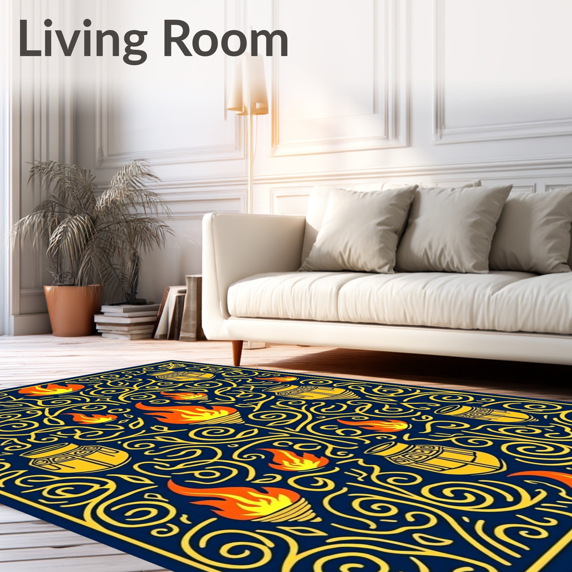 Deep Blue Yellow Flame Vase Swirl Rug