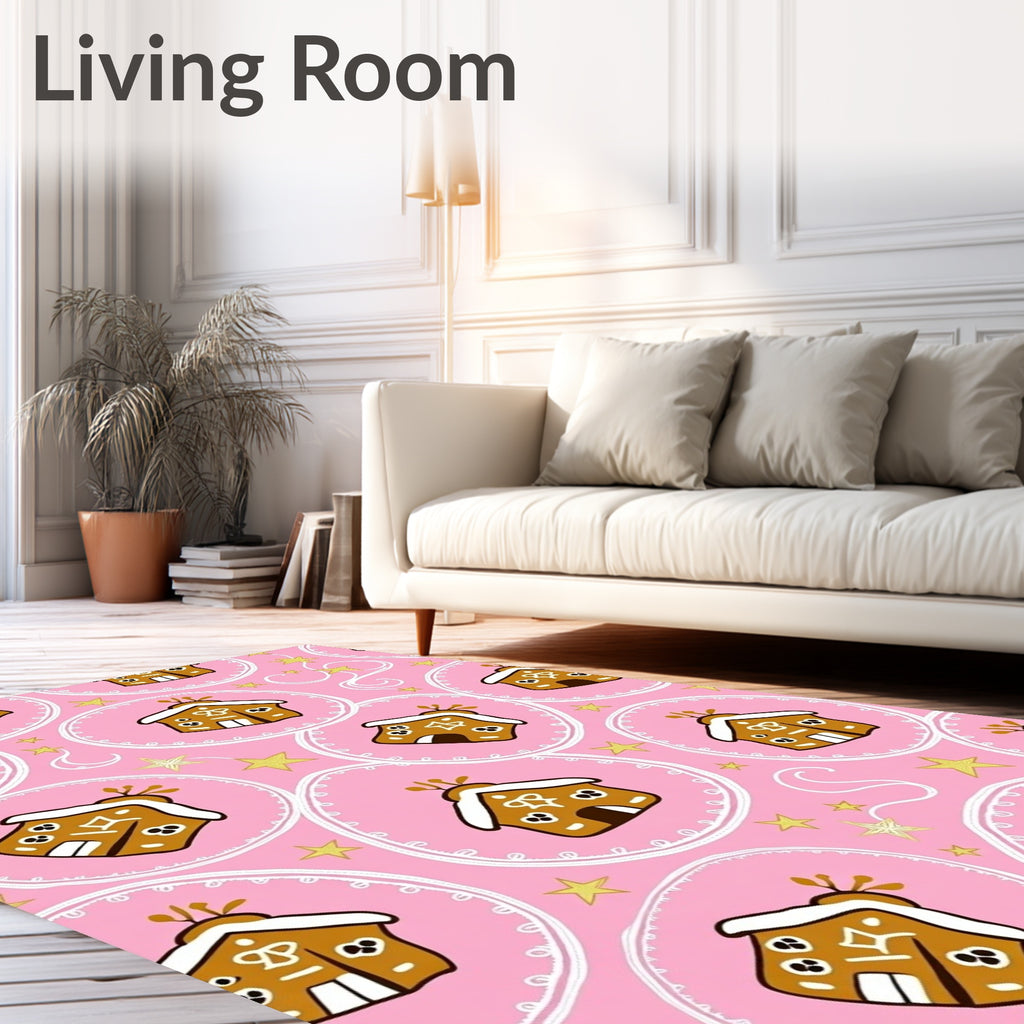 Whimsical Gingerbread Houses Pink Stars Rug