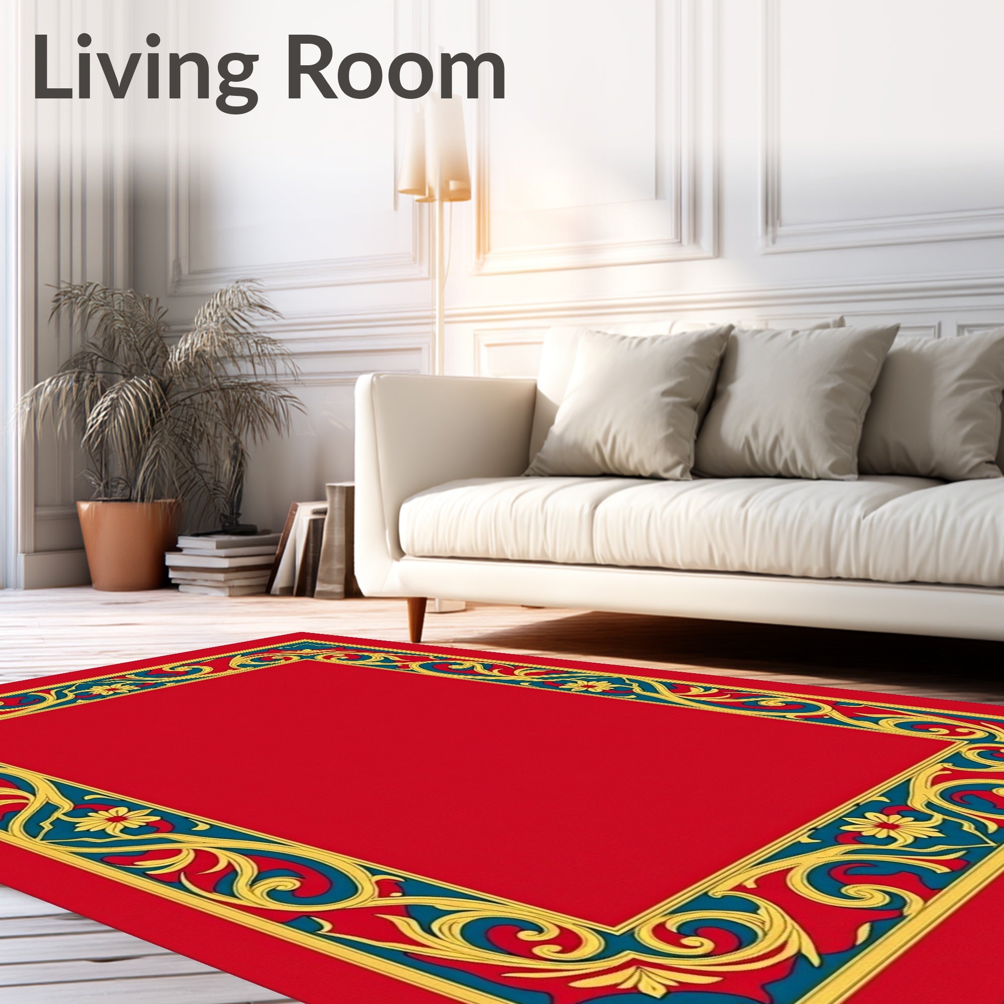 Ornate Red Gold Teal Floral Border Rug
