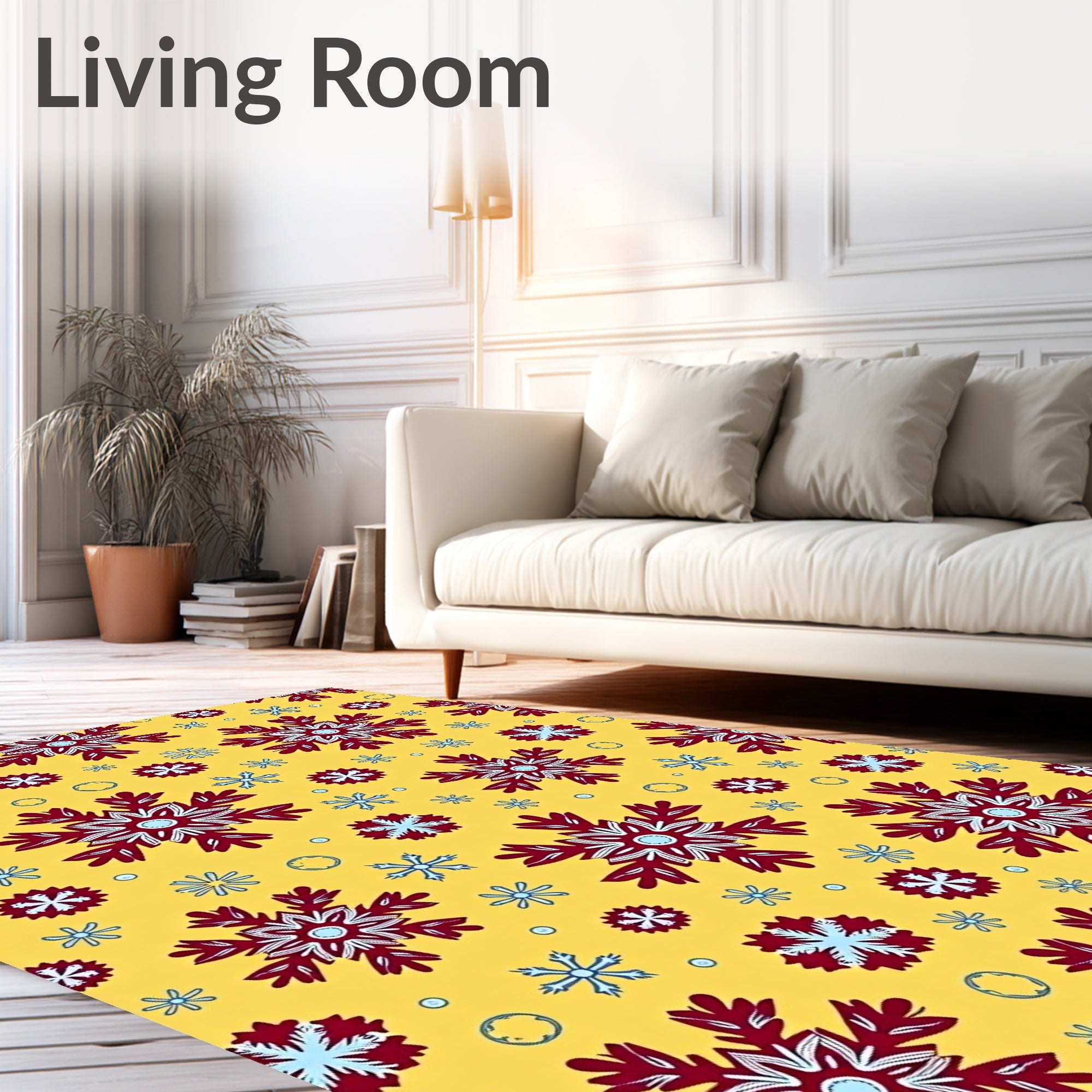 Crimson White Snowflake Collage Yellow Rug