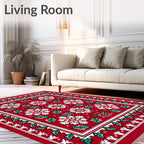Red White Green Snowflake Holly Border Rug