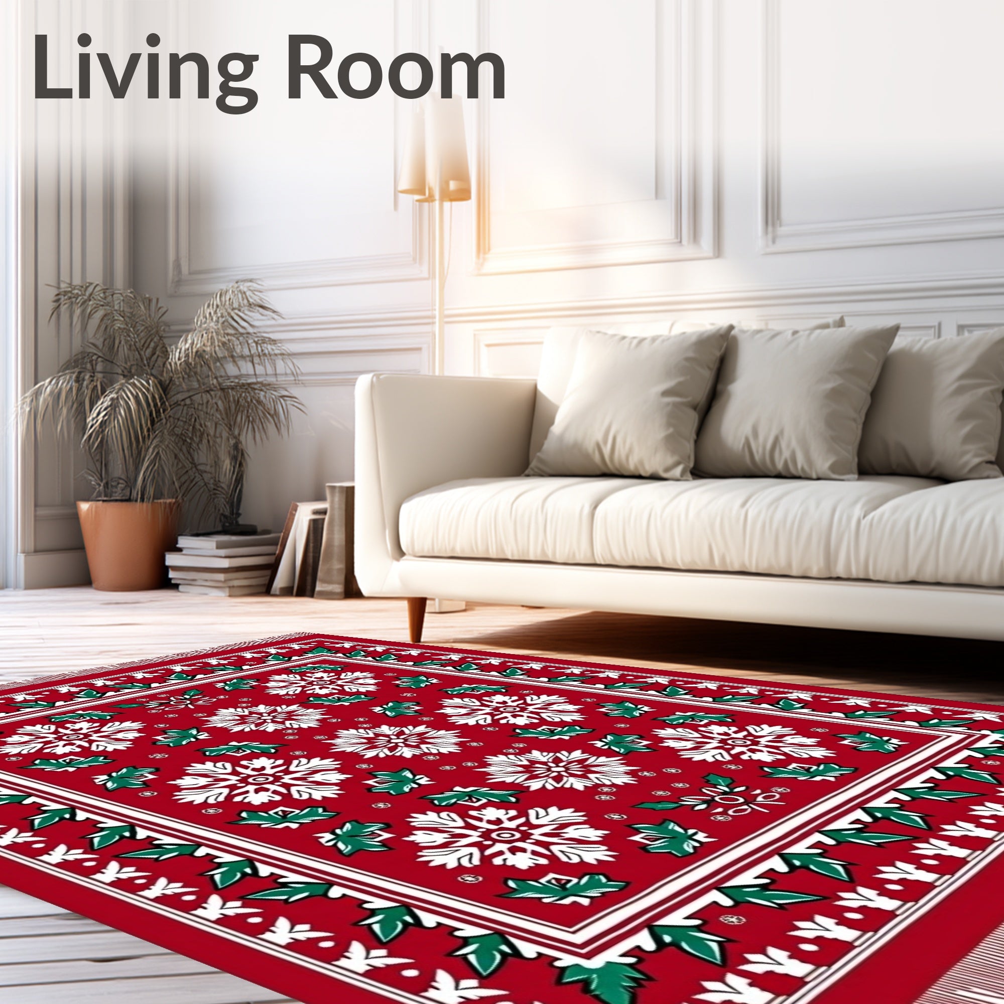 Red White Green Snowflake Holly Border Rug