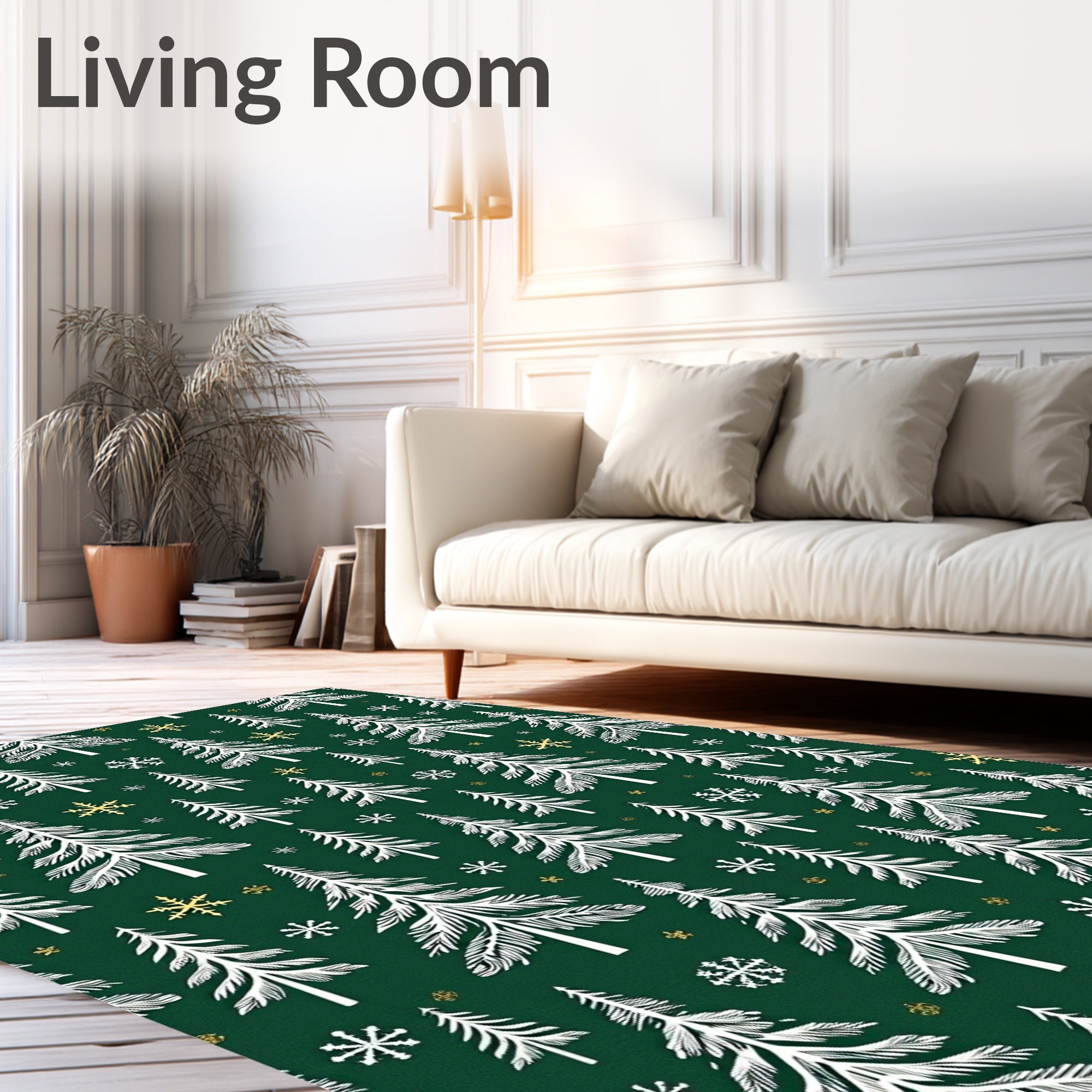 Festive Evergreen Trees Golden Snowflakes Rug
