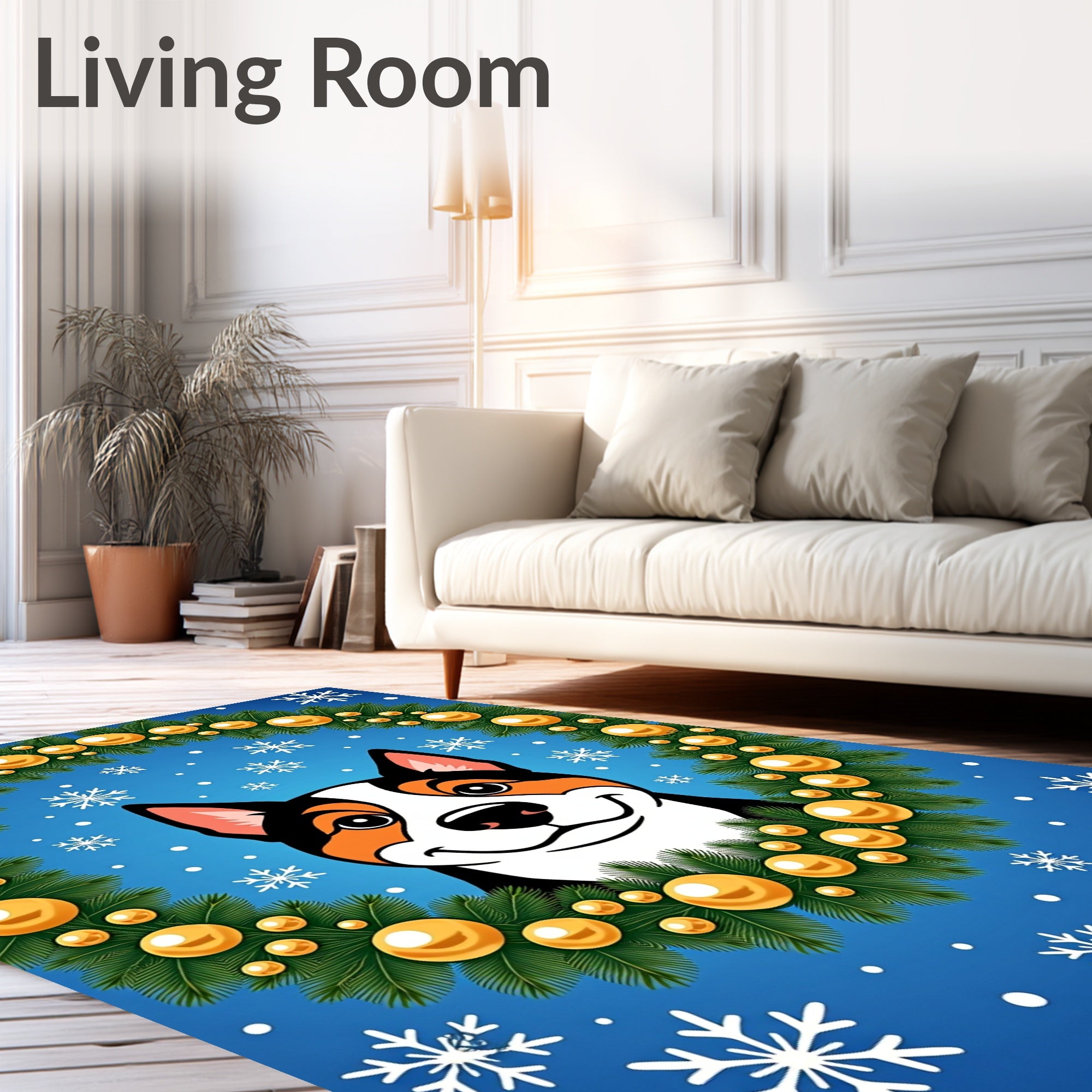 Festive Dog Wreath Snowflakes Golden Baubles Rug
