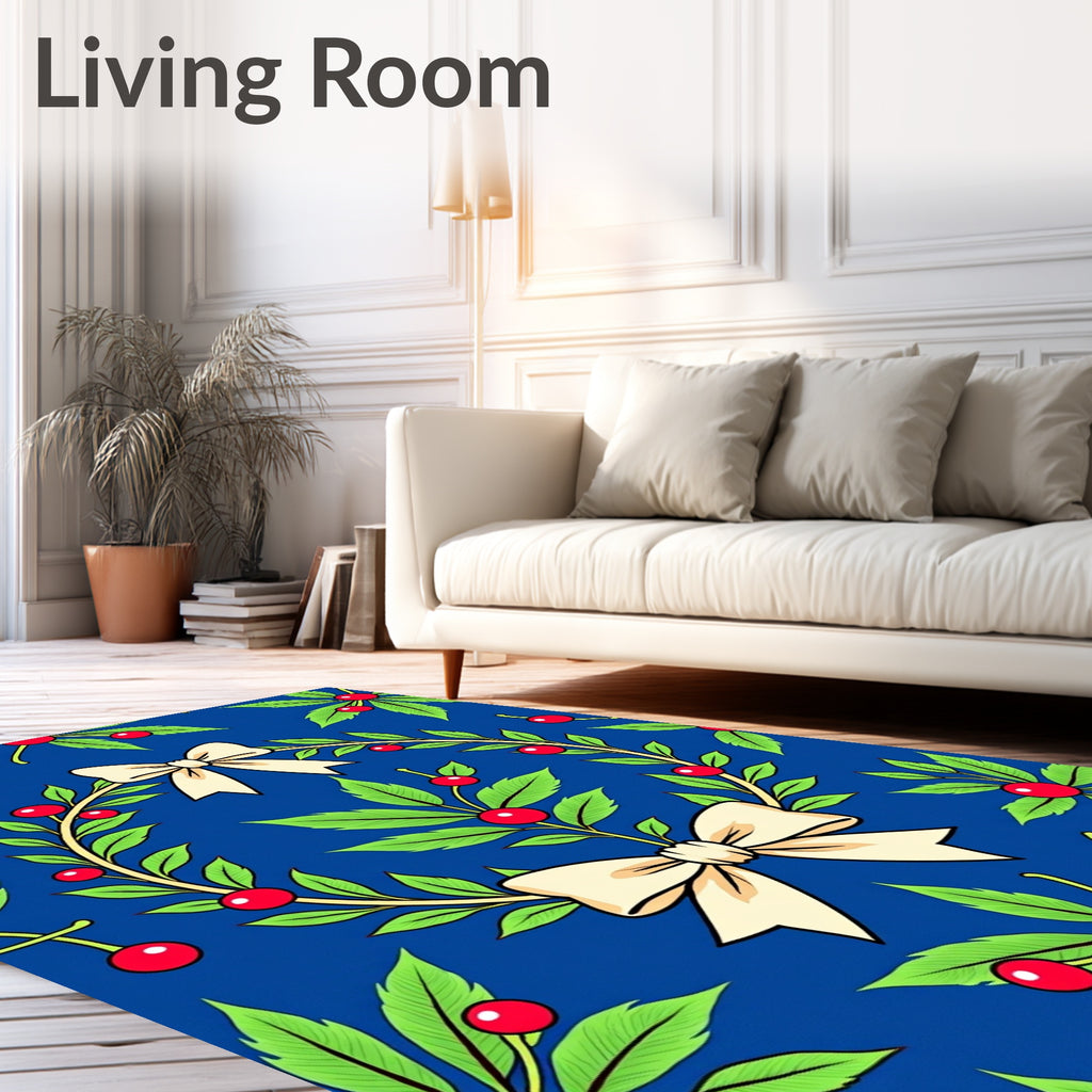 Royal Blue Cream Bow Leafy Wreath Rug