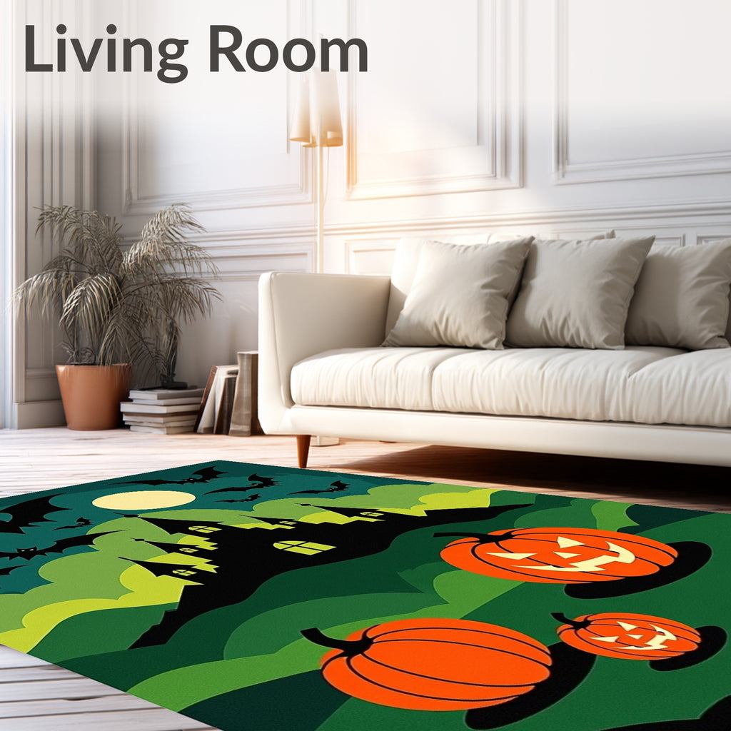 Spooky Orange Pumpkin Bat Castle Silhouette Rug