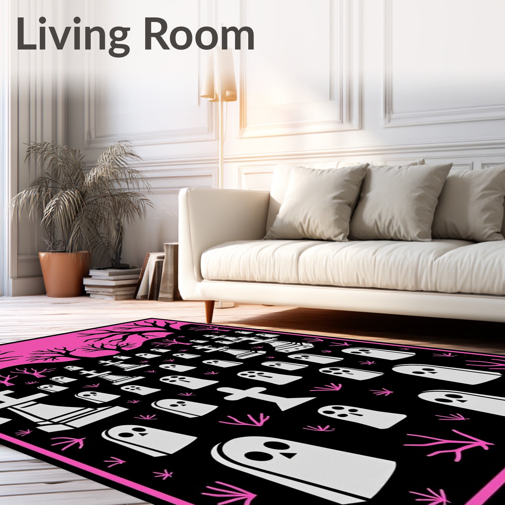 Spooky Pink Ghost Cemetery Scene Rug