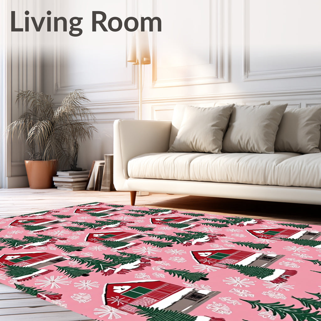 Pink Snowfall Cabin Christmas Trees Rug