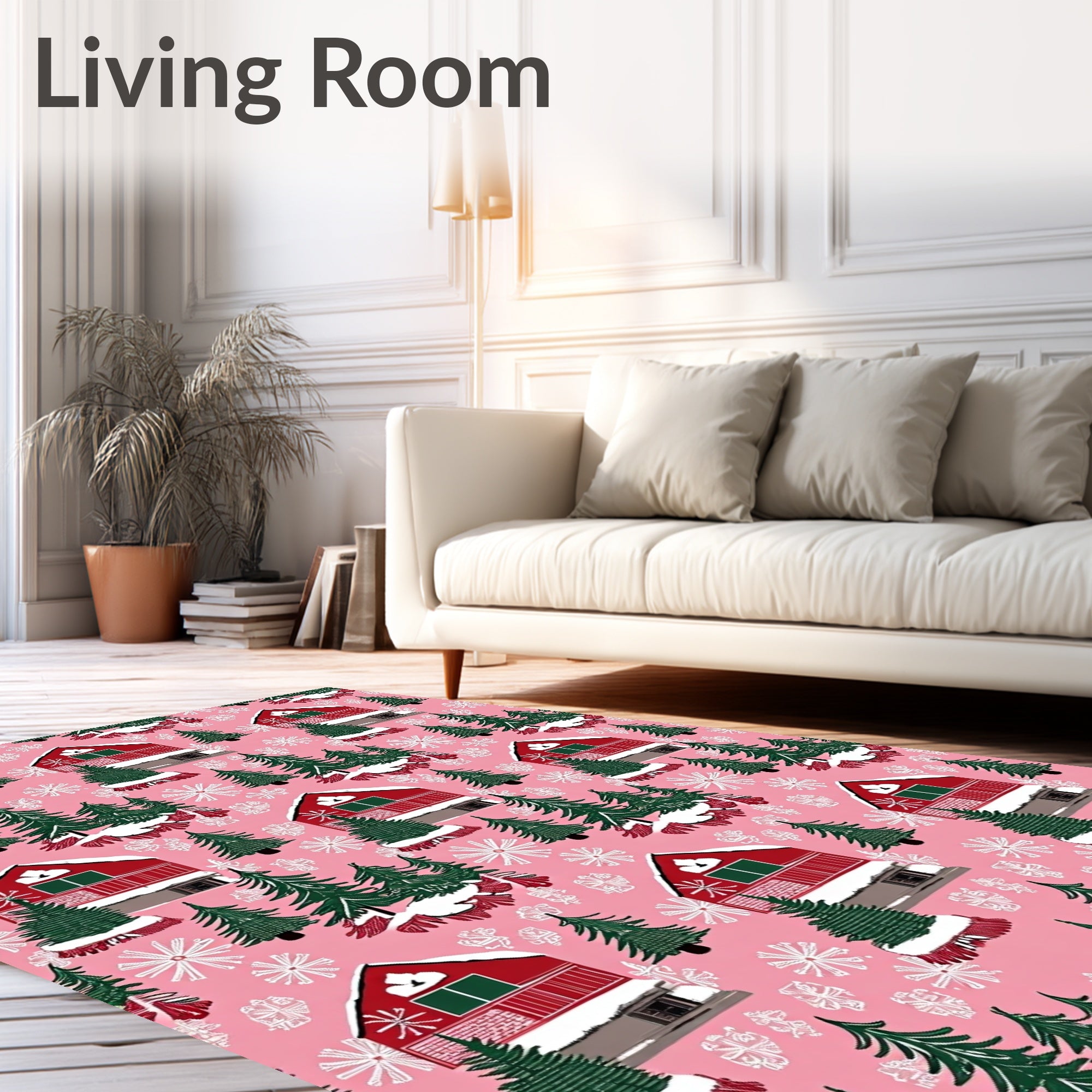 Pink Snowfall Cabin Christmas Trees Rug