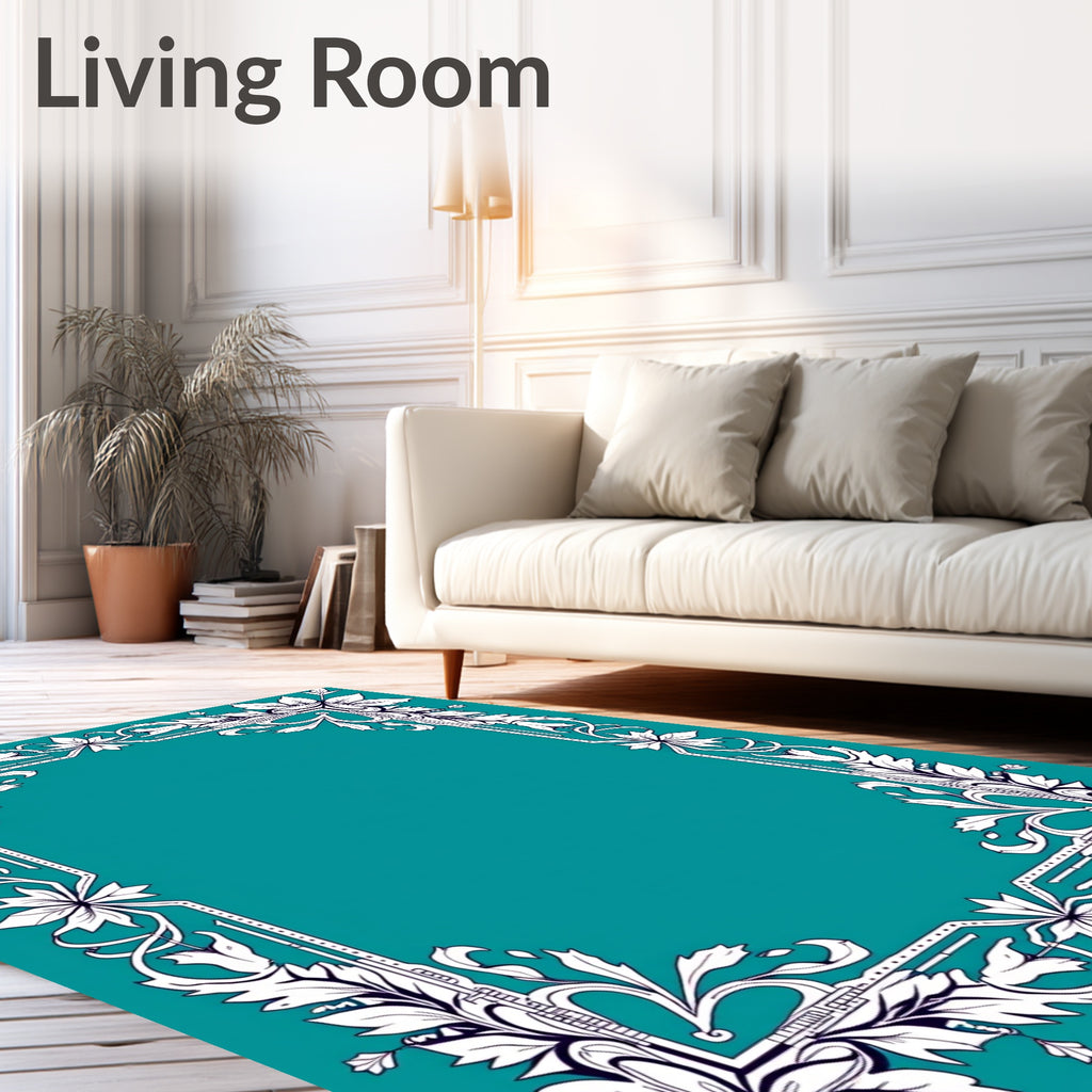 Elegant White Floral Border Teal Rug