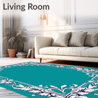 Elegant White Floral Border Teal Rug