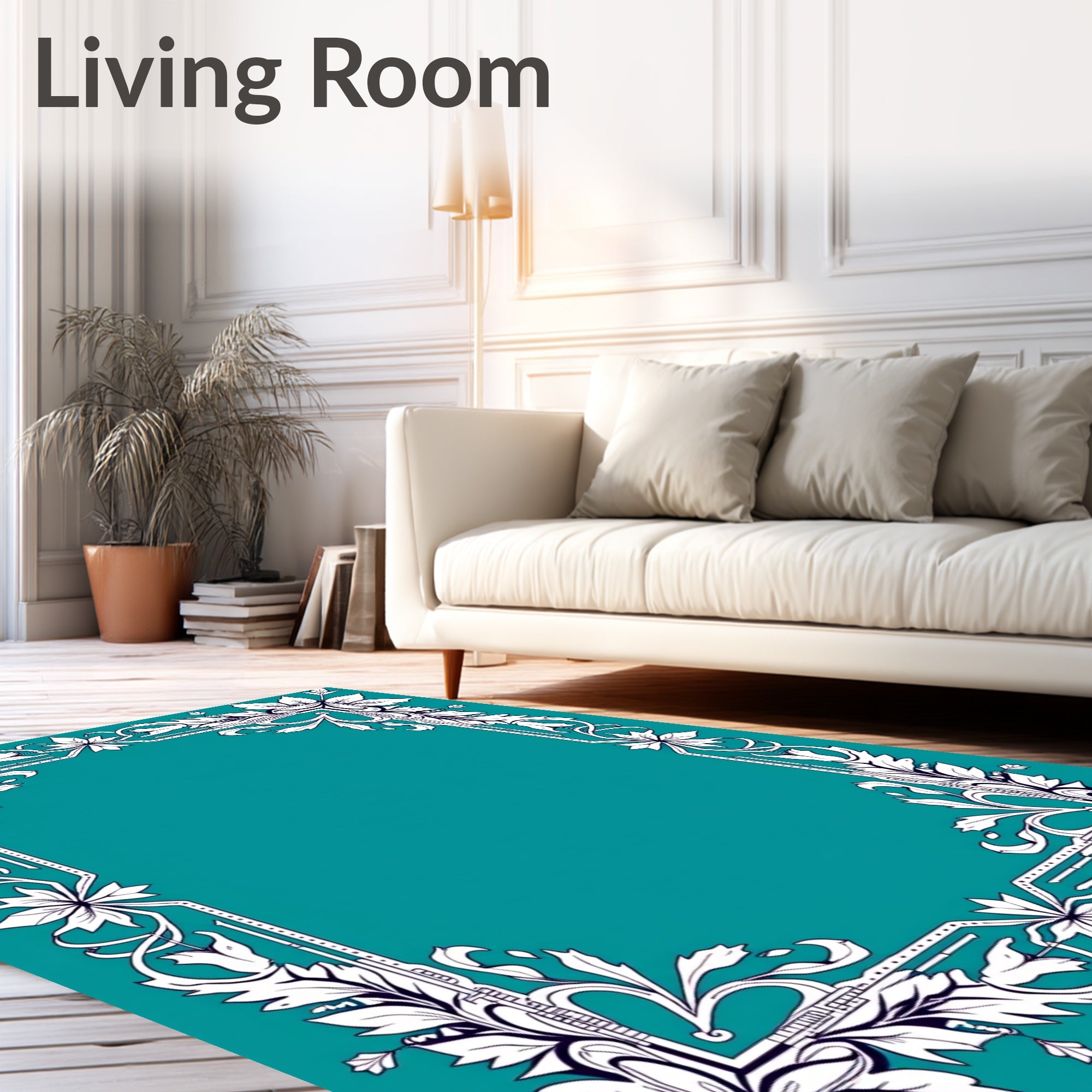 Elegant White Floral Border Teal Rug