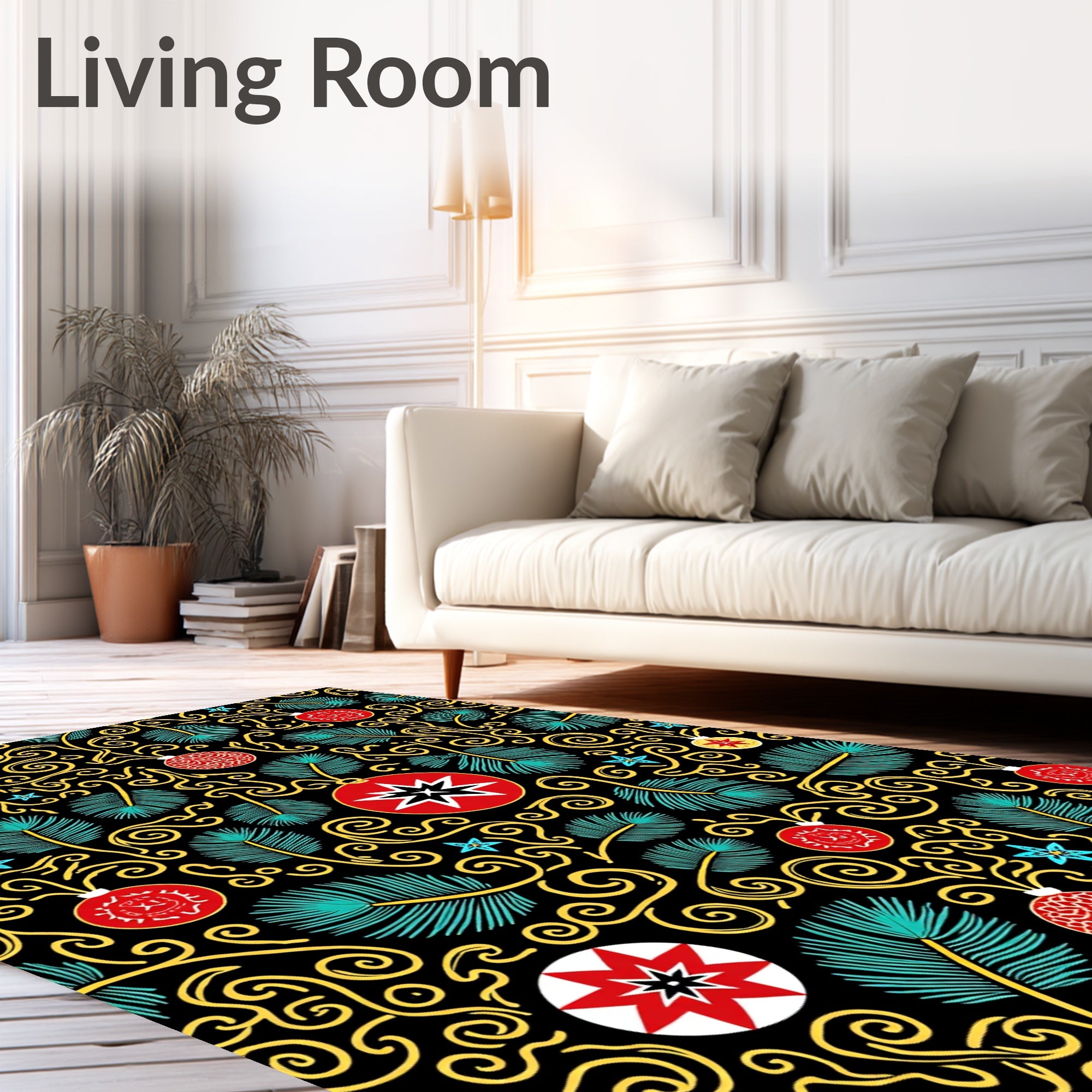 Festive Holiday Ornaments Swirl Red Teal Rug