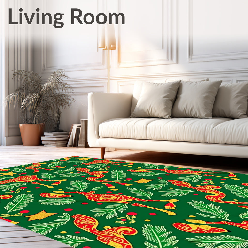 Whimsical Red Figures Green Foliage Star Rug