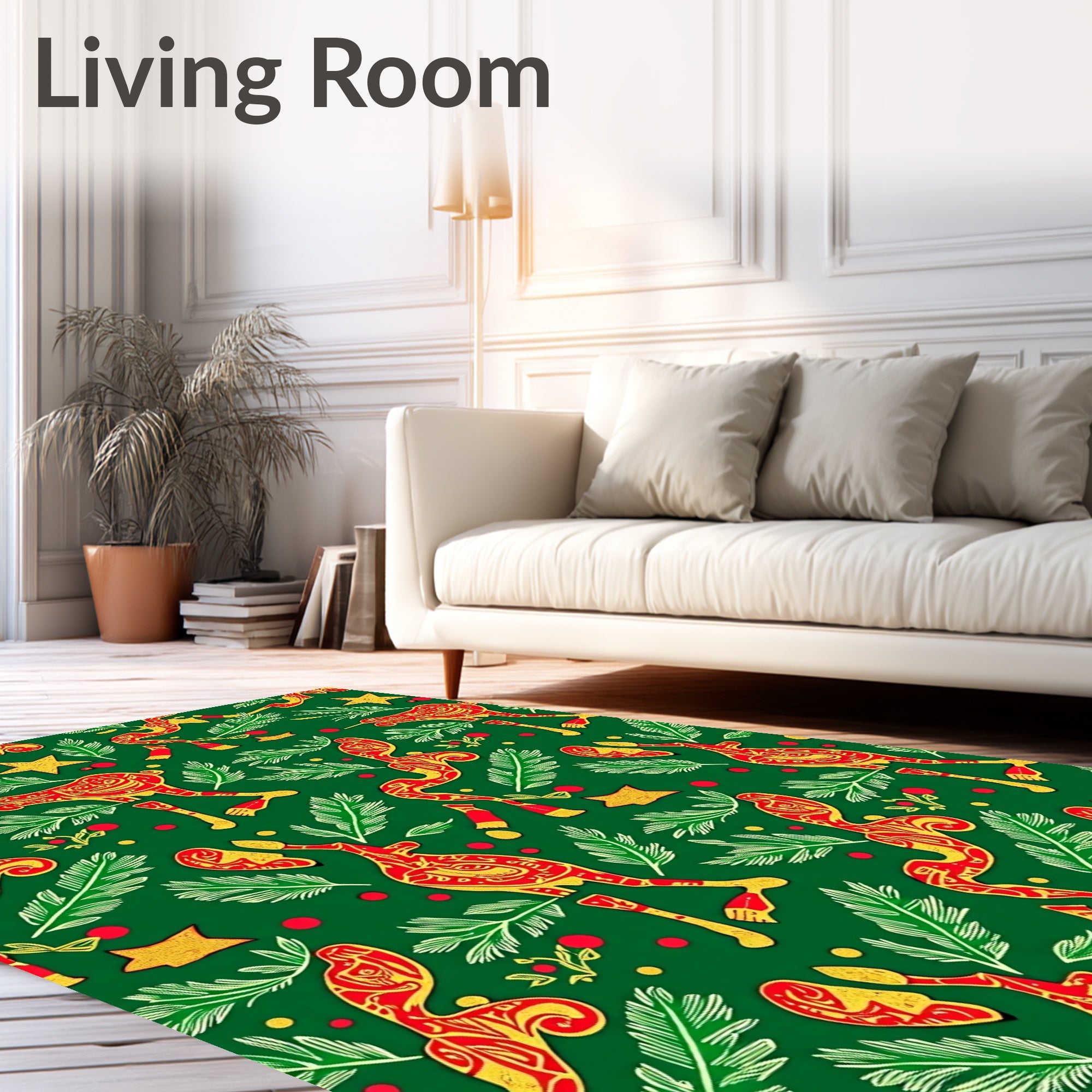 Whimsical Red Figures Green Foliage Star Rug