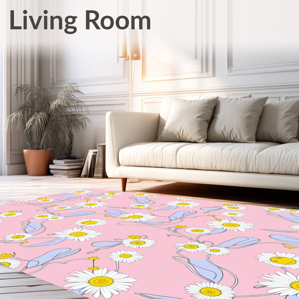 Whimsical Daisy Floral Swirls Pink Rug